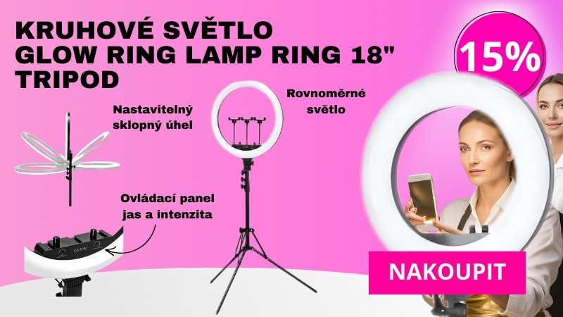 Kruhové světlo Glow Ring Lamp Ring 18" s tripodem, nastavitelným sklopným úhlem, ovládacím panelem, jasem a intenzitou. Rovnoměrné osvětlení ideální pro make-up, vlogování a fotografování. Profesionální kosmetička doporučuje. Nabídka s 15% slevou.